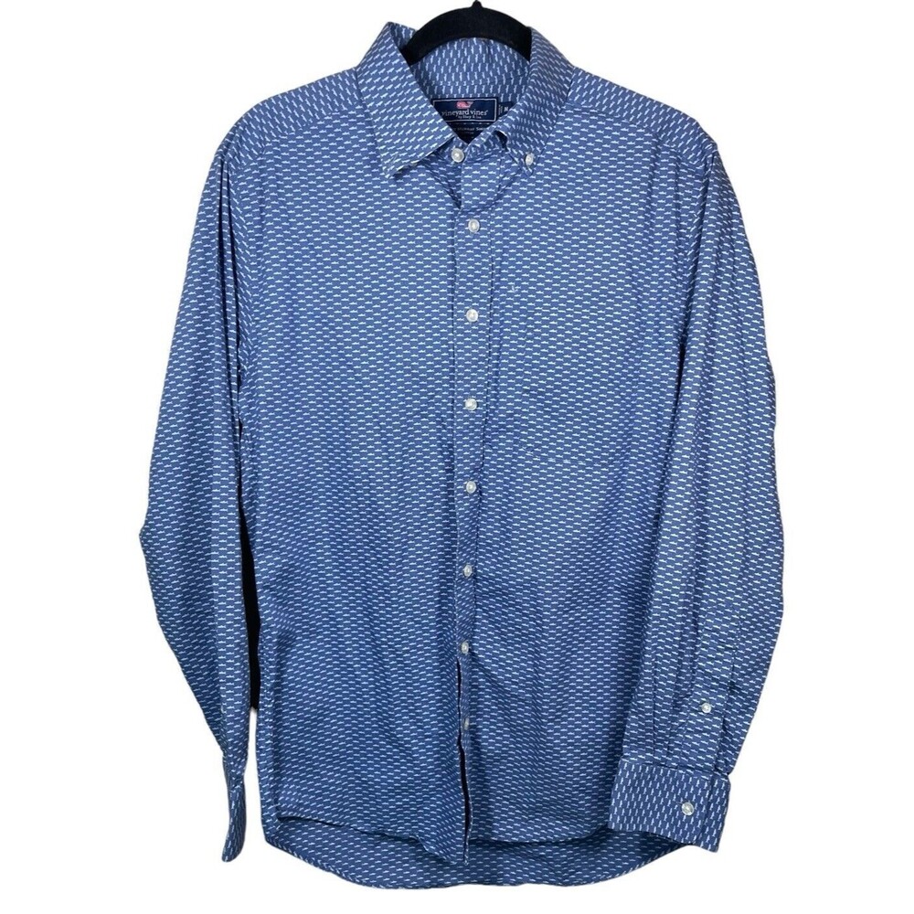 Vineyard Vines Slim Fit Murray Mens meduim M Blue Fish Pattern Long Sleeve Adult